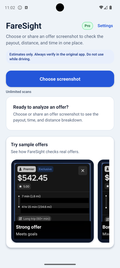 FareSight Android home screen with screenshot selection and sample offers