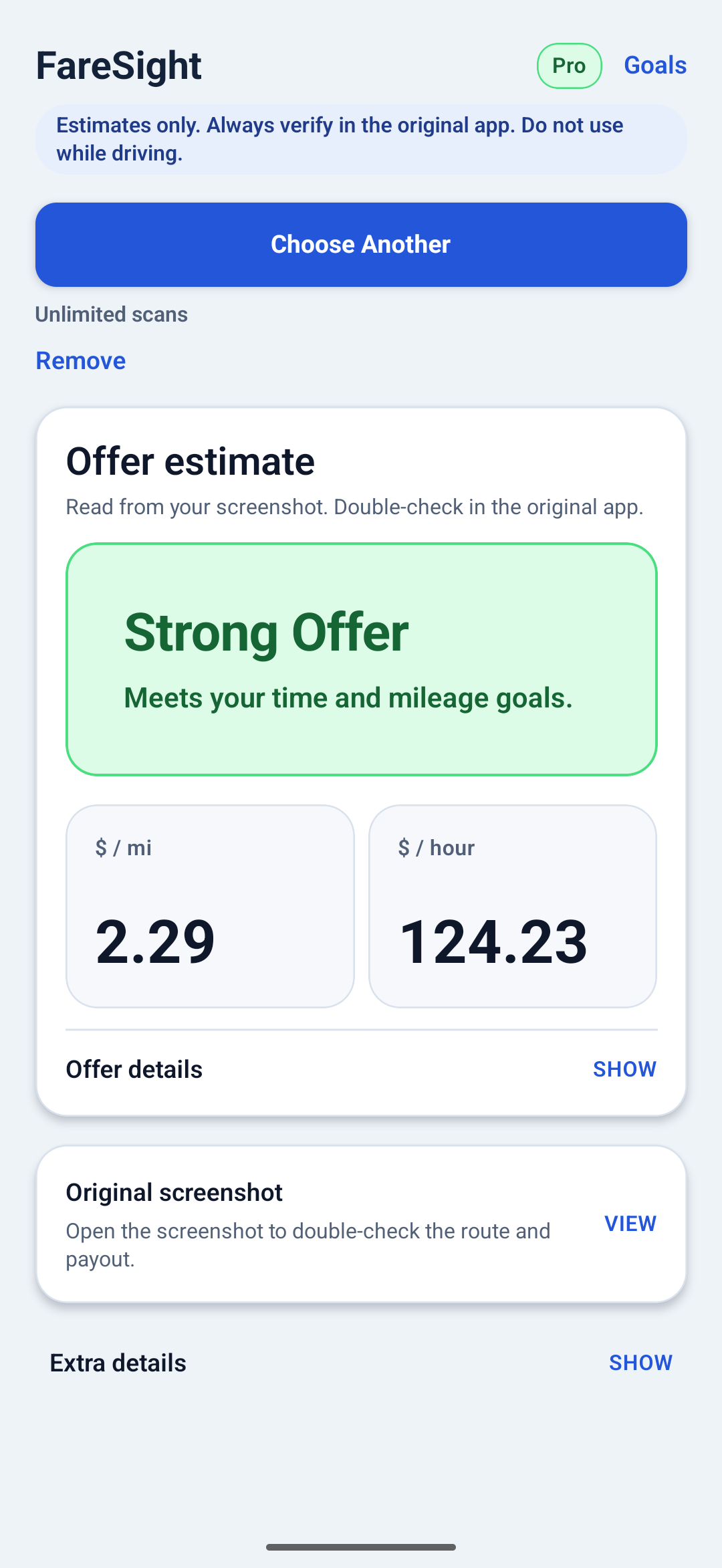 Android screenshot showing FareSight rating an offer as a strong offer