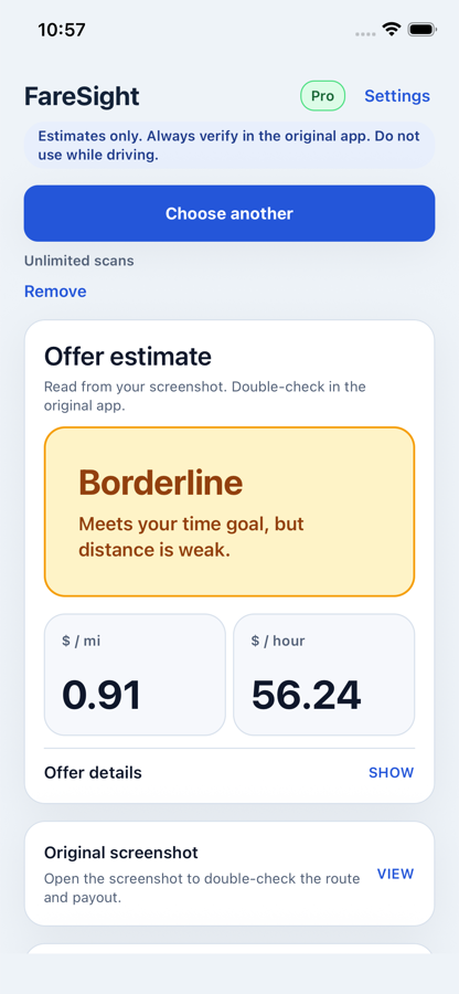 FareSight offer example marked Borderline with weak distance but strong hourly rate