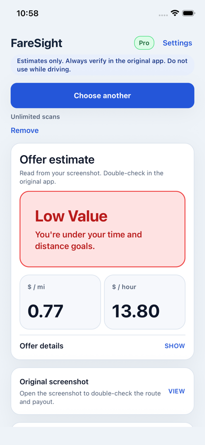 FareSight offer example marked Low Value with low $/mile and $/hour estimates