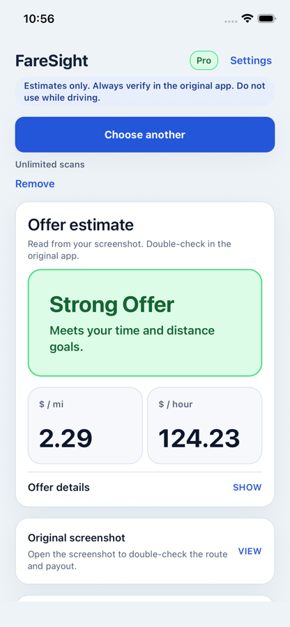 FareSight sample analysis showing a Strong Offer verdict with $/mile and $/hour