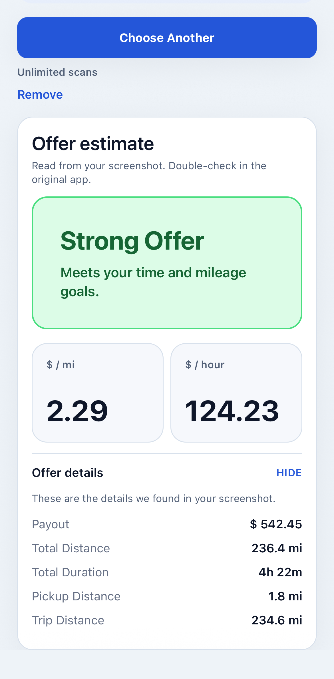 iPhone screenshot showing FareSight expanded details for a strong offer