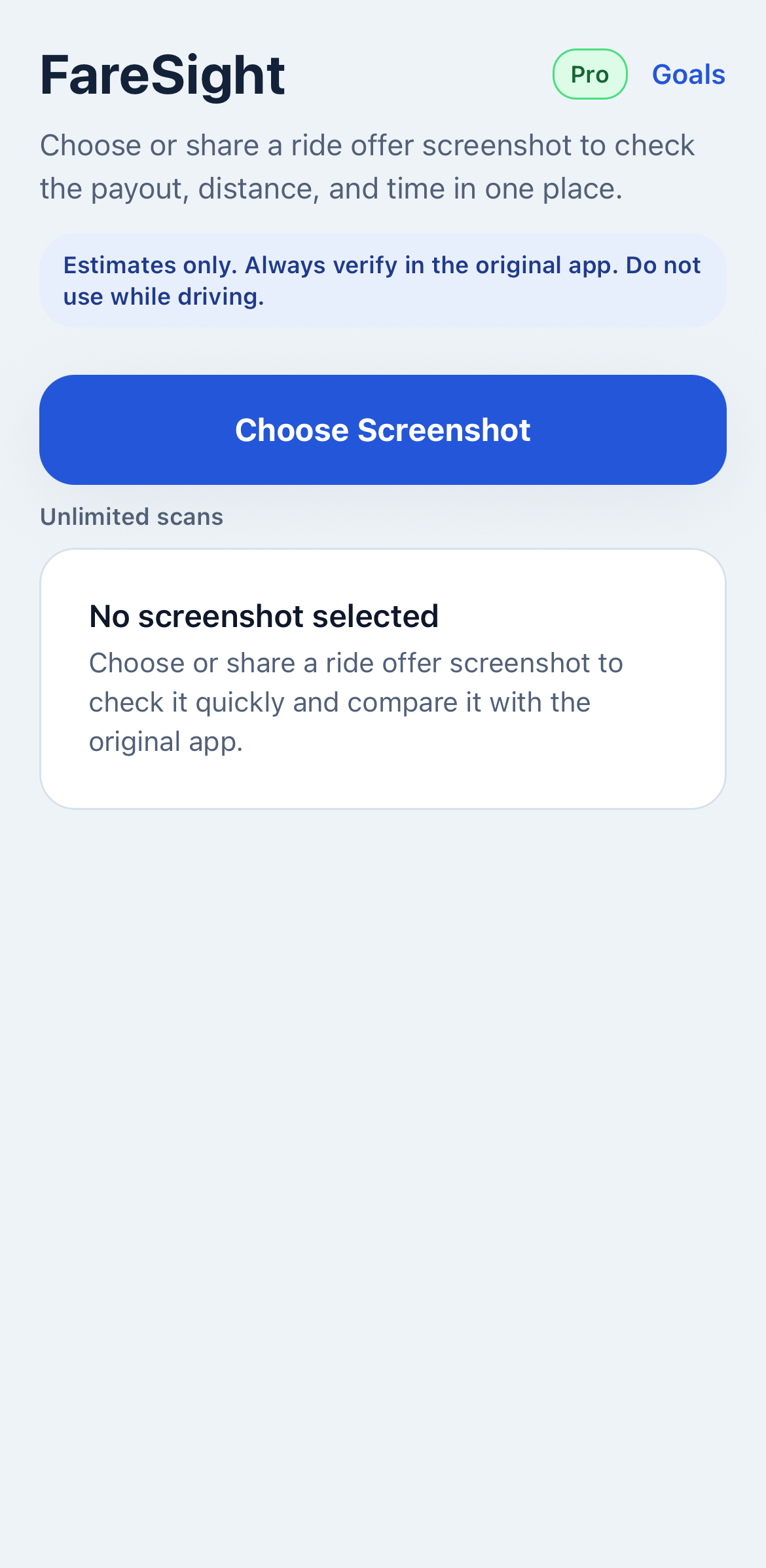 iPhone screenshot showing the FareSight home screen with options to import or share a screenshot