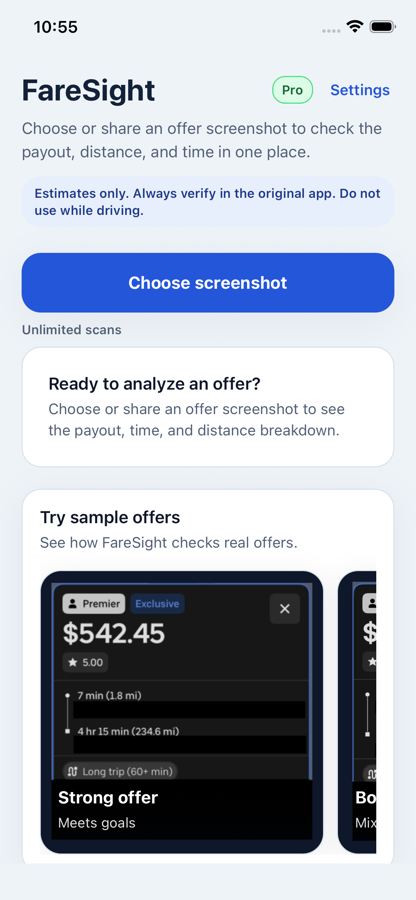FareSight iPhone home screen with screenshot selection and sample offers