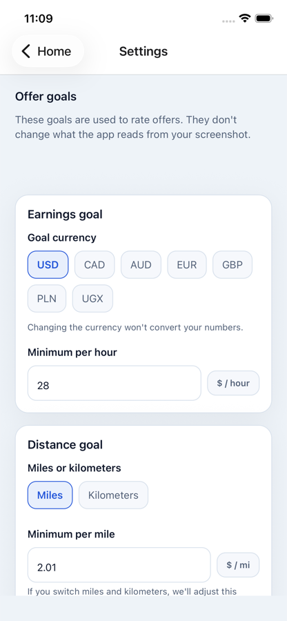 FareSight settings screen showing offer goals, goal currency, hourly target, and miles or kilometers