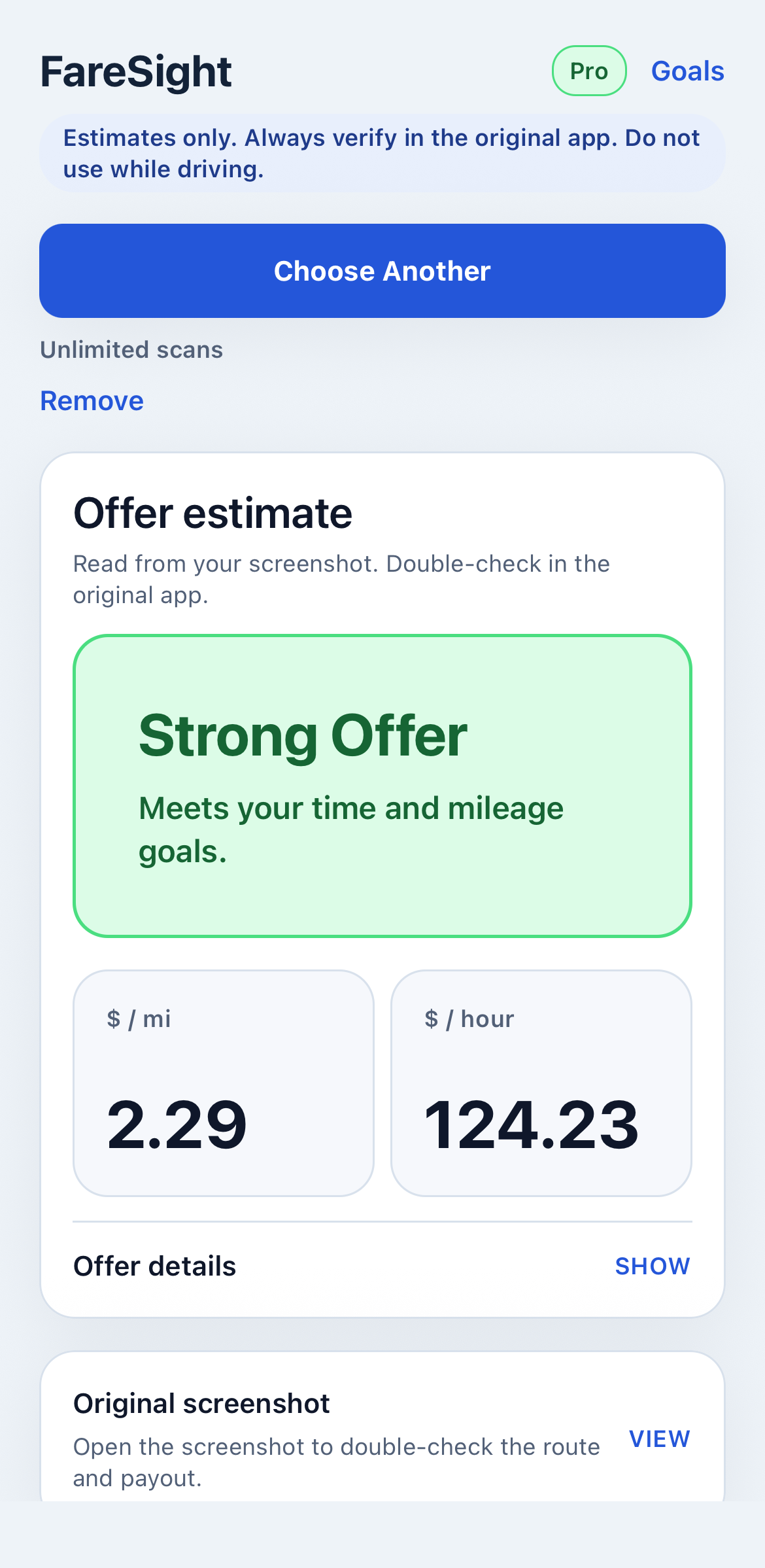 iPhone screenshot showing FareSight rating an imported offer as a strong offer