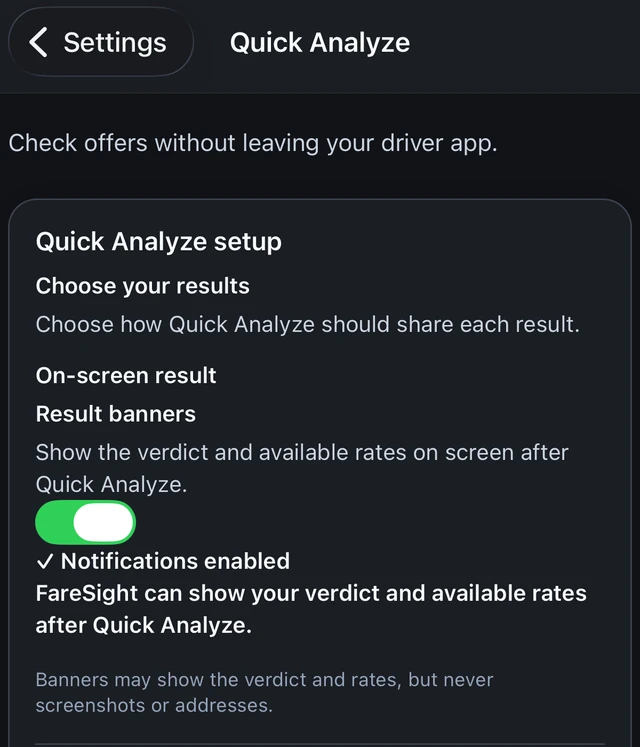 FareSight Quick Analyze result preferences with result banners enabled.