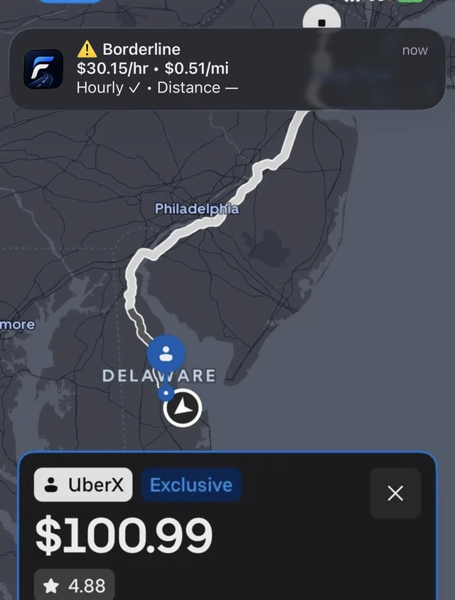 FareSight Quick Analyze result banner over an example iPhone offer, showing estimated hourly and distance rates.